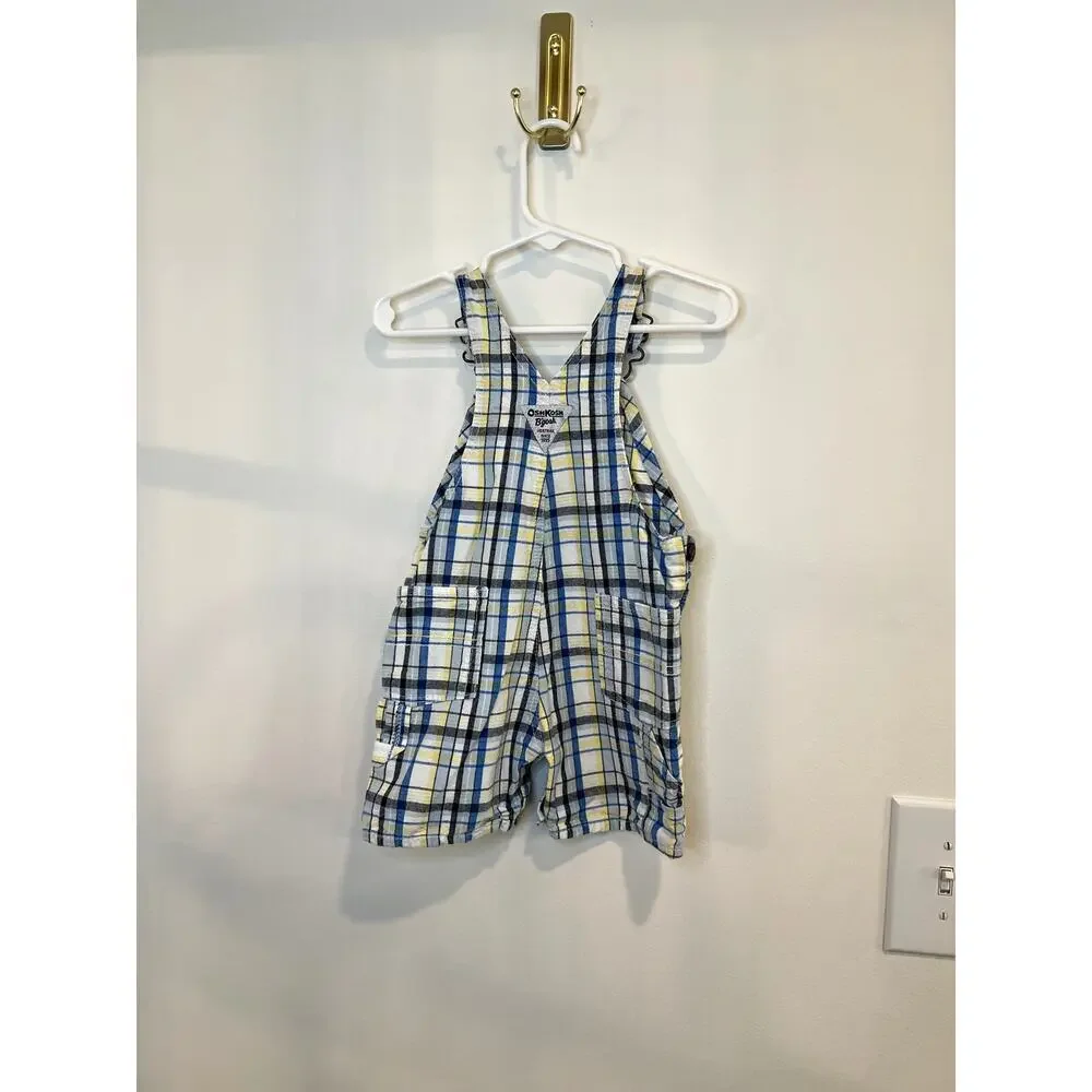 OshKosh B’gosh Baby Boy Overalls 12M Plaid Blue Yellow Shortalls Summer Toddler